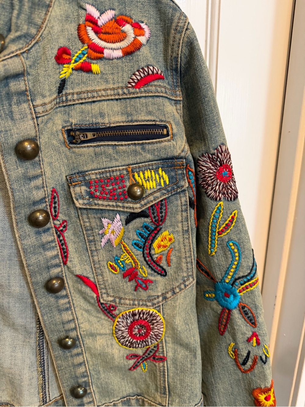Vintage Funky Carrie Allen Artisan Embroidered Blue Jean Denim Jacket L - Picture 5 of 6
